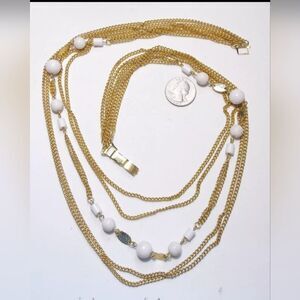 Vtg 6-Strand JAPAN Necklace, GT Chain & White Milk Glass Round/Barrel Beads, 29"